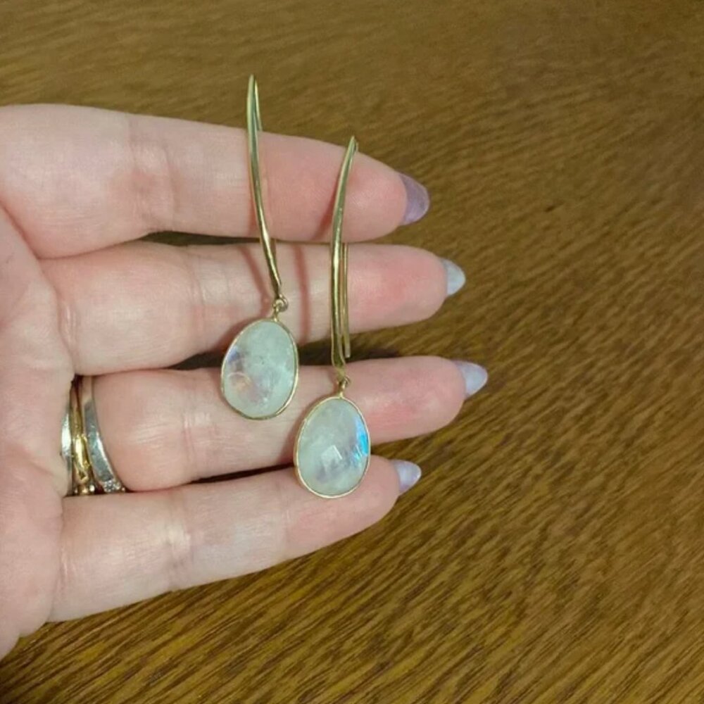 Joya Moonstone Gold Long Hook Drop Earrings